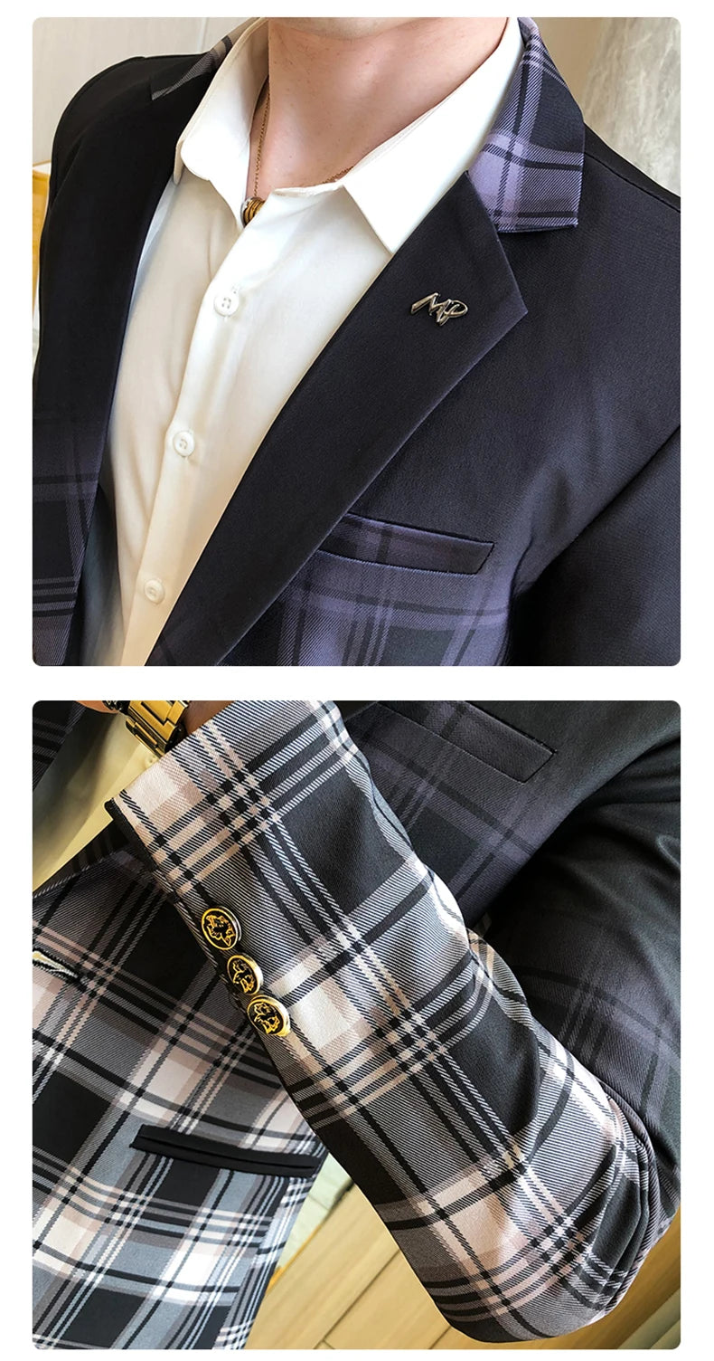 Blazer Men Boutique Fashion Plaid Men's Slim Casual Suit Jacket Male Ball Social Blazer Suit Coat Host Clothing Good Vibrations