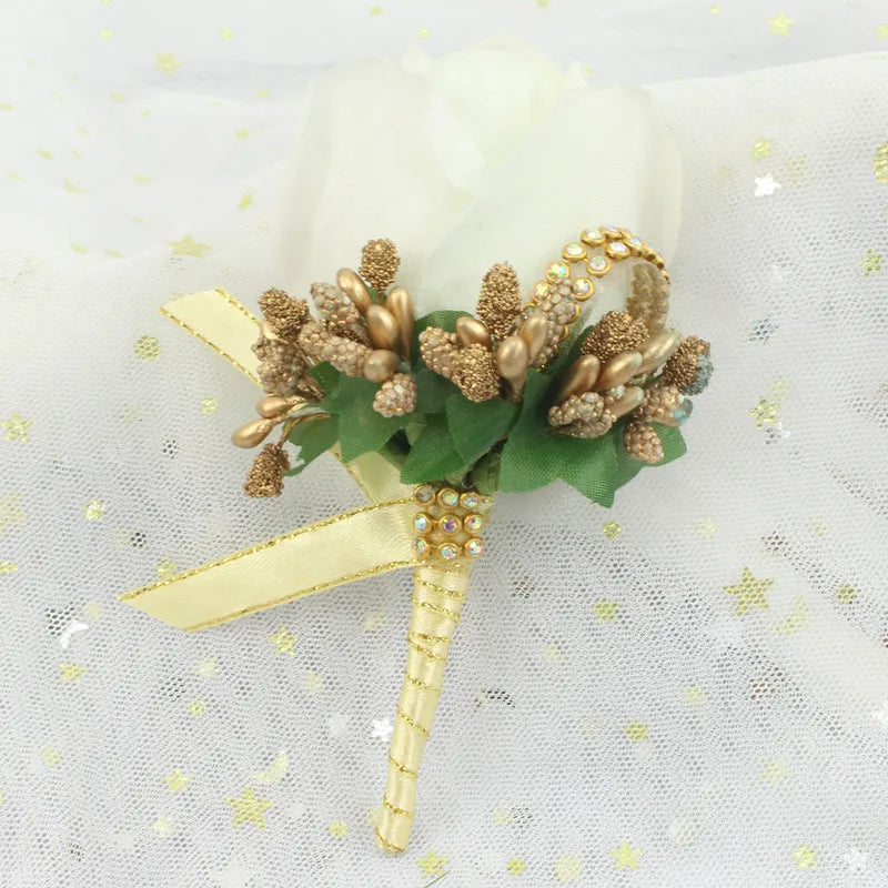 YO CHO Wedding Bouquet Artificial Rose Flowers Blue Brooch Corsages Glitter Rhinestone Ribbon Lace Classic Prom Boutonniere Pins Good Vibrations