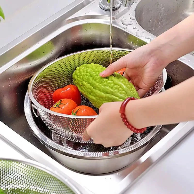 Hot Selling Kitchen Gadgets Stainless Steel Colander Dense Hole Basket Fruit Vegetable Basket Good Vibrations