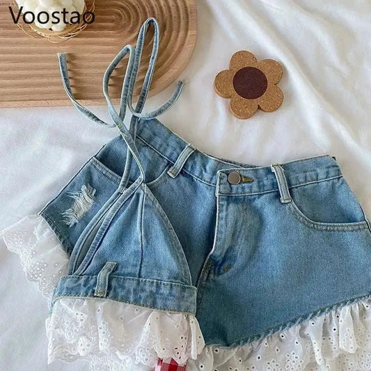 Summer sweet Lolita style denim shorts set with lace bandage camisole and ruffle jeans shorts for women by Voostao.
