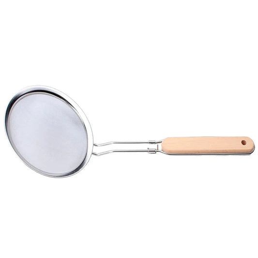 Hot Sell New Design Kitchen Gadgets Stainless Steel Strainers With Non-slip Wooden Handle Good Vibrations