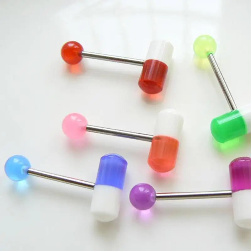 10pcs/lot Colorful Capsule Tongue Rings Acrylic Pill Tongue Piercing Steel Punk Body Piercing Rings Jewelry Decor Gifts Good Vibrations Adult Super Store