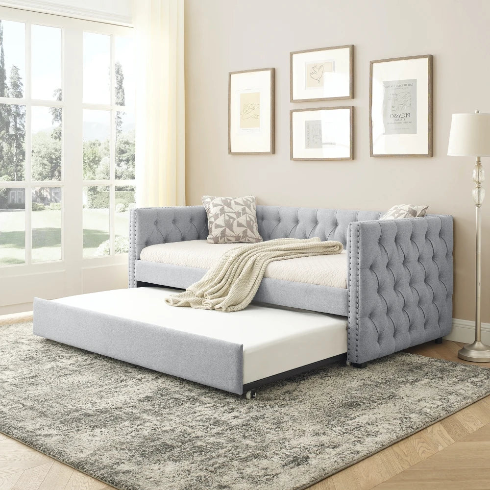 Daybed with Trundle Upholstered Tufted Extendable Sofa Bed with Button and Copper Nail on Square Arms Good Vibrations