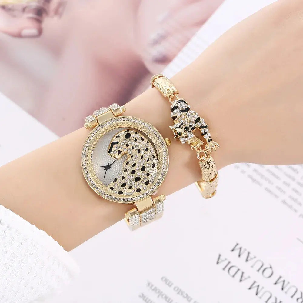 Popular Leopard Ladies Wristwatch 4PCS/SET Present Set Female's Necklace Bracelets Earring Women's Watch Gift Set Good Vibrations