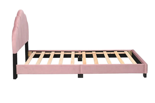 Upholstered Twin Size Platform Bed for Kids, Wooden Bed Frame with Slatted Bed Base, Cute Bed Frame with Shell Design Headboard Good Vibrations