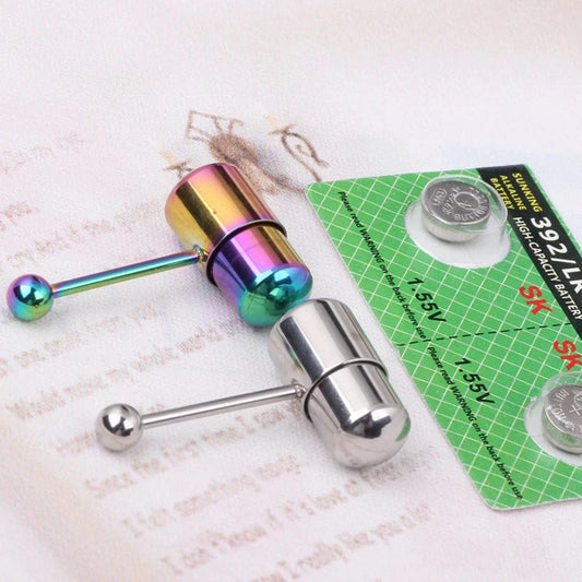 With Battey Vibrating Tongue Ring 16G Surgical Steel Tongue Piercing Ring Vibrated Tongue Piercing Bar Body Jewelry Lengua Sexy Good Vibrations Adult Super Store