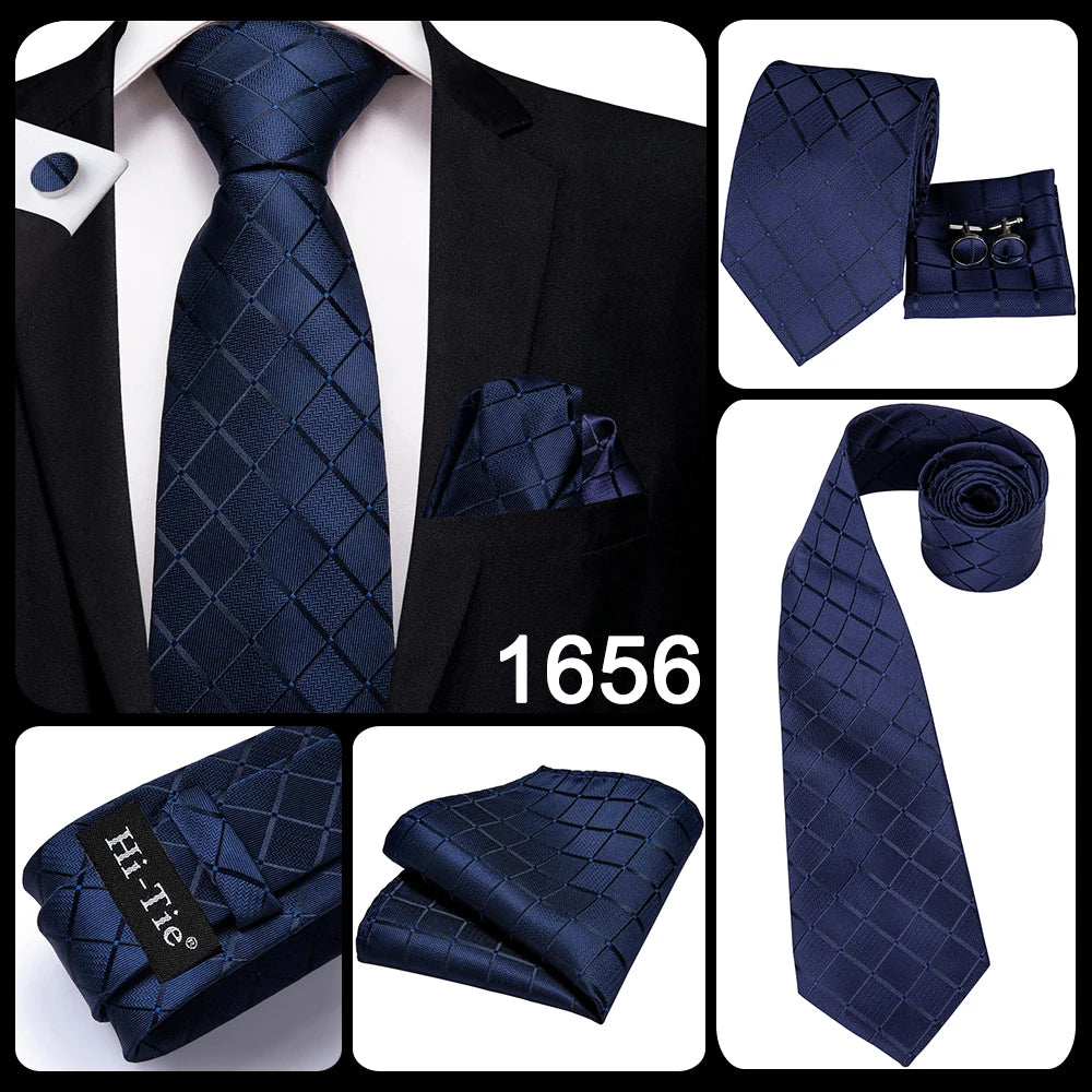 Hi-Tie Navy Blue Solid Paisley Silk Wedding Tie For Men Hanky Cufflink Mens Necktie Set Business Party New Design Dropshipping Good Vibrations