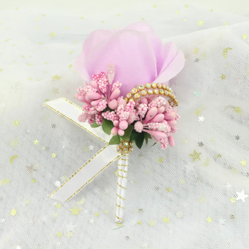 YO CHO Wedding Bouquet Artificial Rose Flowers Blue Brooch Corsages Glitter Rhinestone Ribbon Lace Classic Prom Boutonniere Pins Good Vibrations