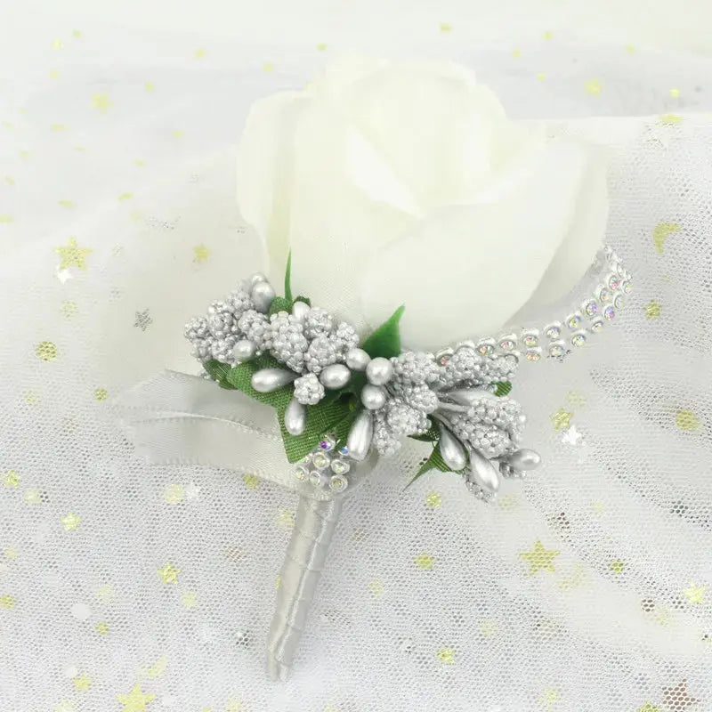 YO CHO Wedding Bouquet Artificial Rose Flowers Blue Brooch Corsages Glitter Rhinestone Ribbon Lace Classic Prom Boutonniere Pins Good Vibrations