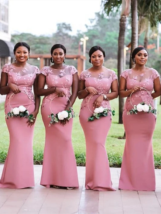 Pink Mermaid Bridesmaid Dresses For Wedding Party Gowns Satin Cap Sleeve O-Neck Appliques Formal Floor Length Custom Made Good Vibrations