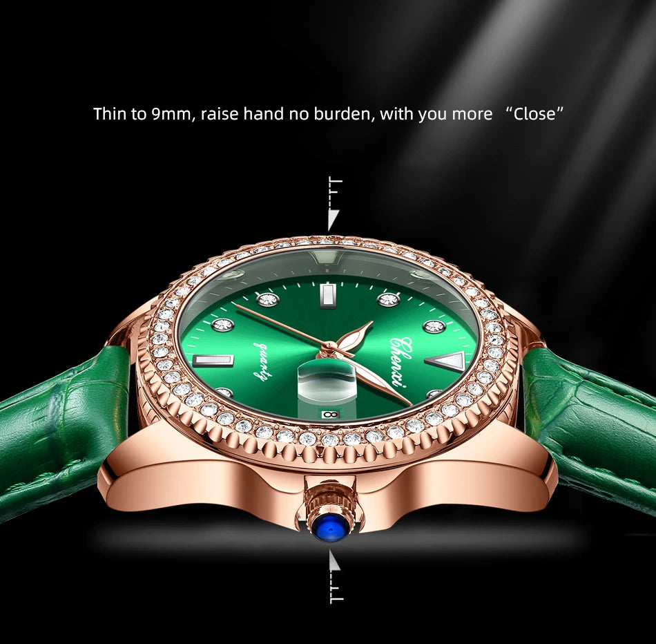 CHENXI Women Watch 385 Fashion Luxury Green Rhinestone Dial Stainless Steel Diamond Quartz Watches for Lady Dress Bracelet Gift Good Vibrations