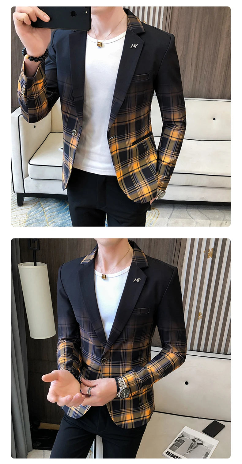 Blazer Men Boutique Fashion Plaid Men's Slim Casual Suit Jacket Male Ball Social Blazer Suit Coat Host Clothing Good Vibrations