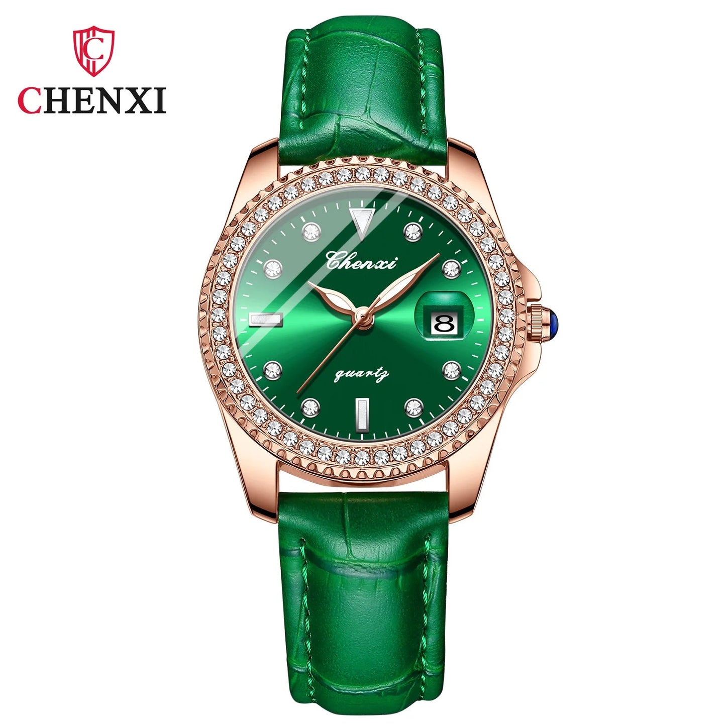 CHENXI Women Watch 385 Fashion Luxury Green Rhinestone Dial Stainless Steel Diamond Quartz Watches for Lady Dress Bracelet Gift Good Vibrations
