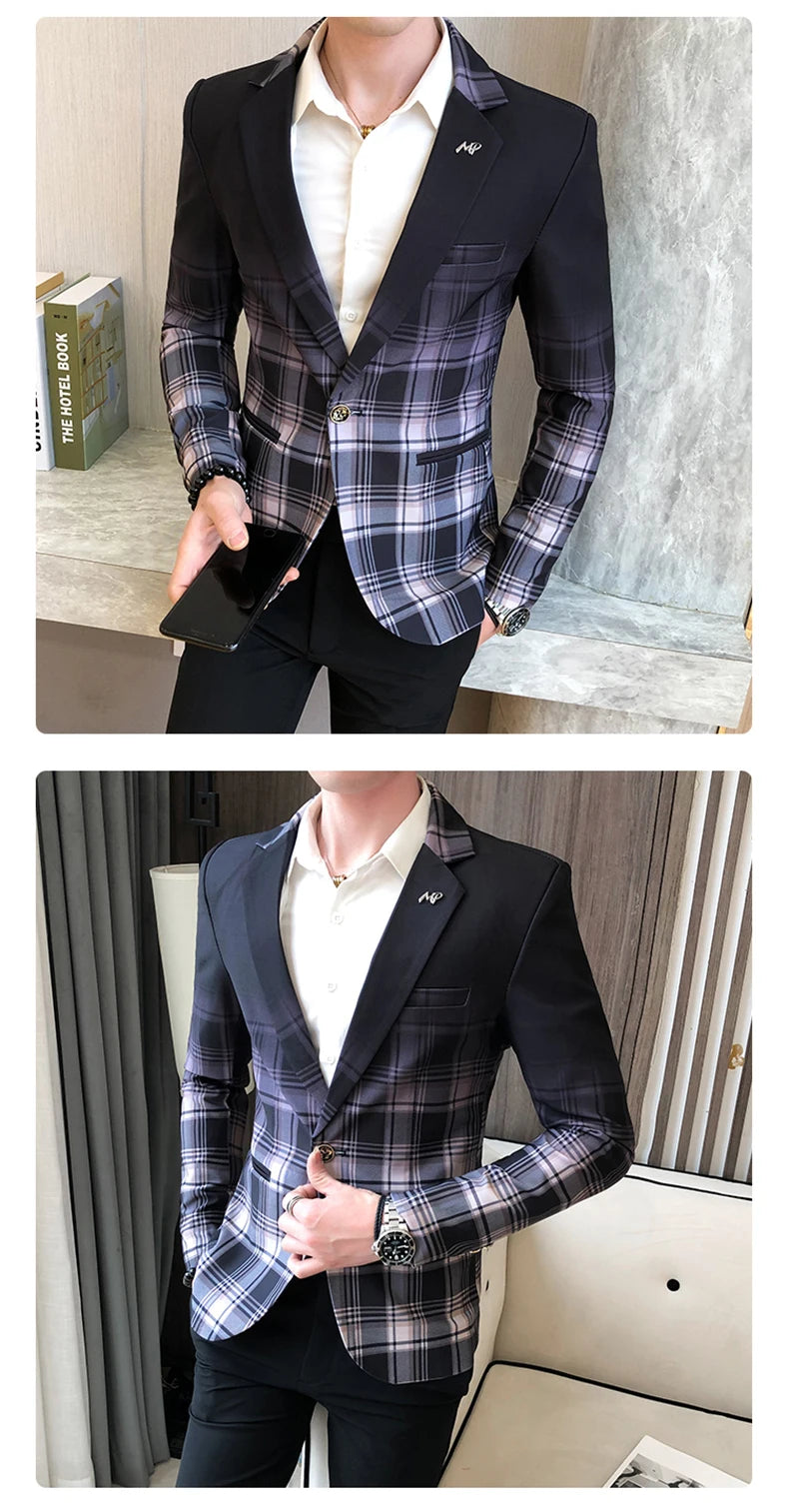 Blazer Men Boutique Fashion Plaid Men's Slim Casual Suit Jacket Male Ball Social Blazer Suit Coat Host Clothing Good Vibrations