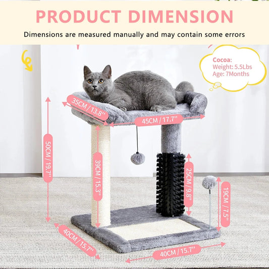 20" Tall Grey Cat Tower 4-in-1 Self Groomer Natural Sisal Plush Perch Bed Indoor Kittens Scratching Post Wood for Small Cats Good Vibrations