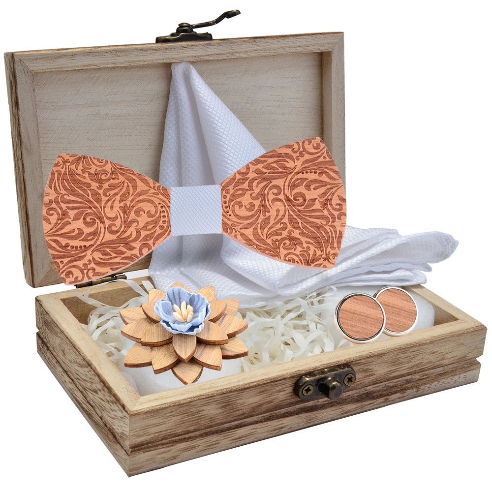 2020 Design Craved Floral Wooden Wood Bow Tit Set Navy Red Plaid Silk Pocket Square Cufflinks Broocn Bowtie Set For Mens Wedding
