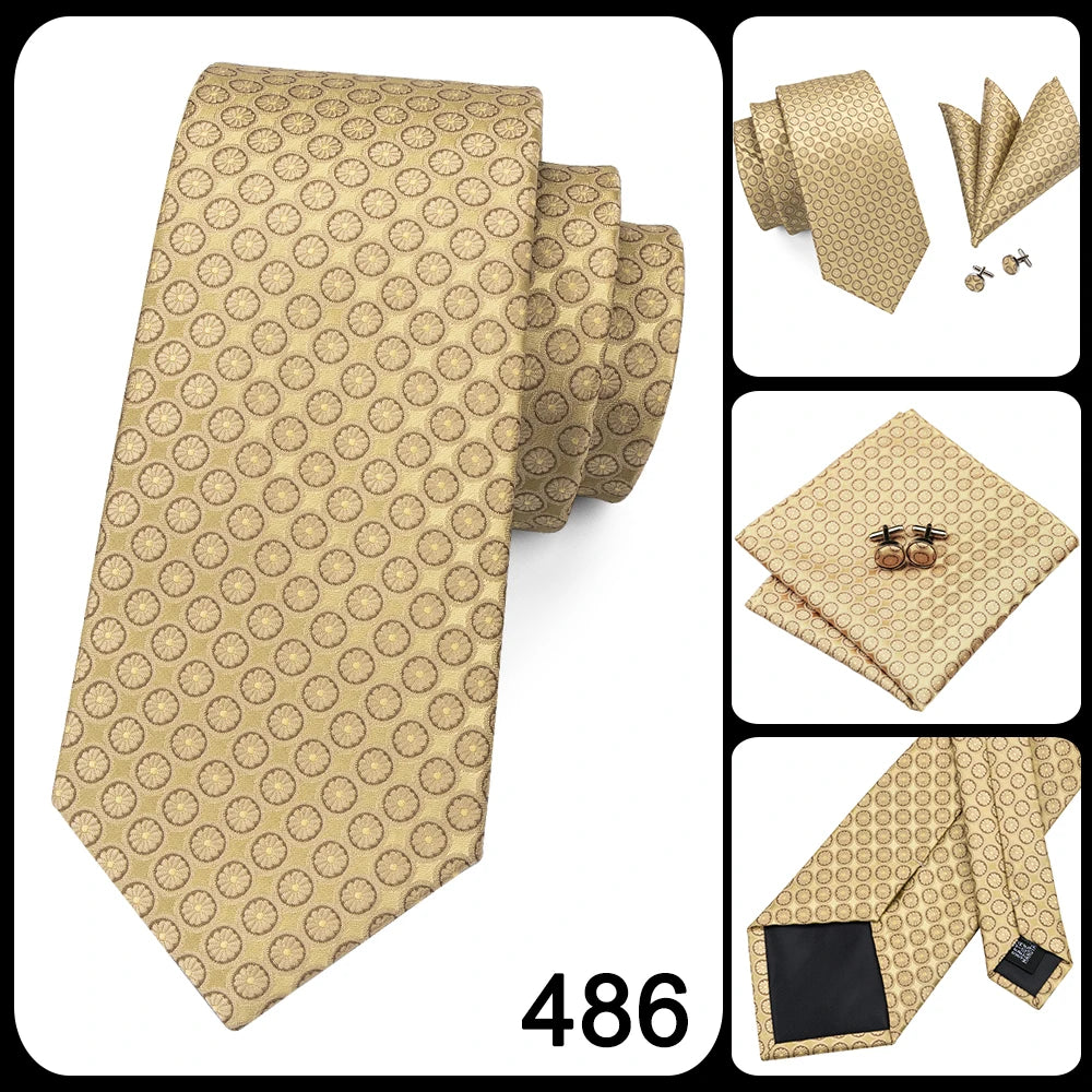 Hi-Tie Champagne Gold Striped Paisley Solid Men Silk Wedding Tie Fashion Design Necktie For Men Hanky Cufflink Business Party Good Vibrations