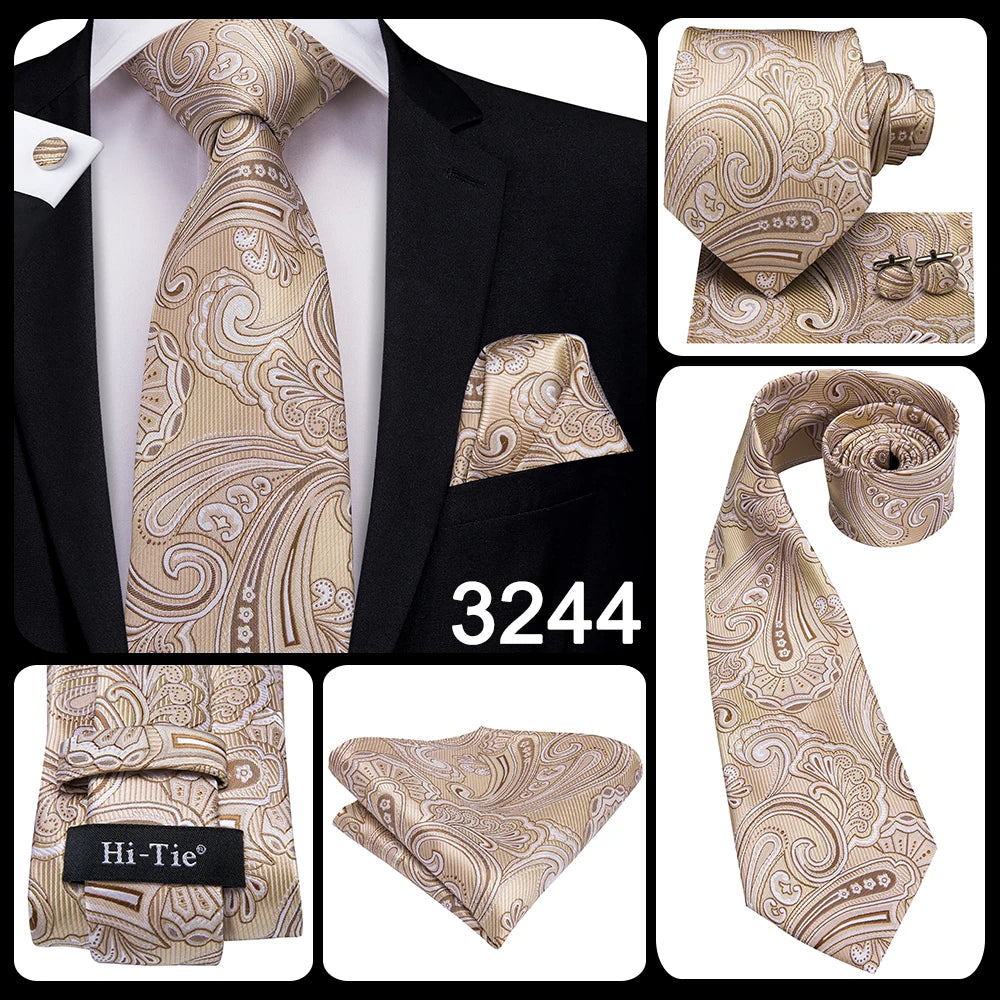 Hi-Tie Champagne Gold Striped Paisley Solid Men Silk Wedding Tie Fashion Design Necktie For Men Hanky Cufflink Business Party Good Vibrations