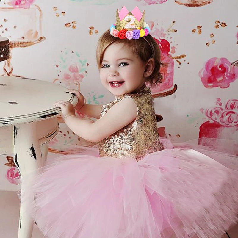 Baby Birthday Decoration Girl 1 2 3 Years Crown Hat Pink White Flower Sequins Crown 1st birthday Photo Prop Happy Birthday Gifts Good Vibrations