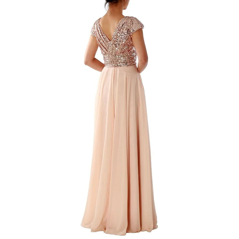 New Spring and Summer Women's V-neck Sequin Patchwork Elegant Formal Long Gown Evening Dresses 2024 Good Vibrations