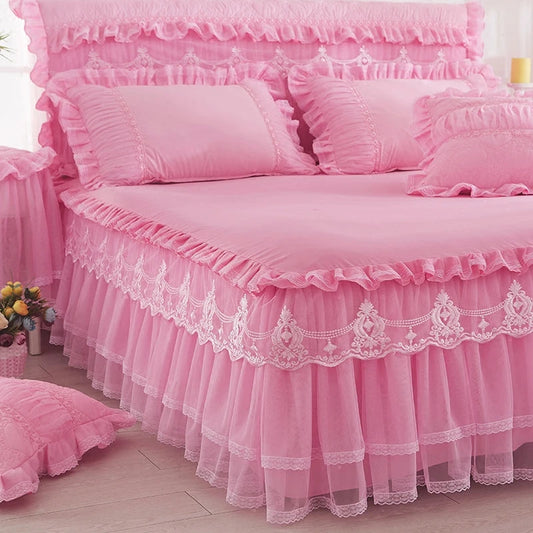 Princess 1 Piece Lace Bed Skirt + 2 Piece Pillowcases Bedding Bedspreads Sheet Pink Lace Bedding Set Bed For Girl Bed Cover Good Vibrations