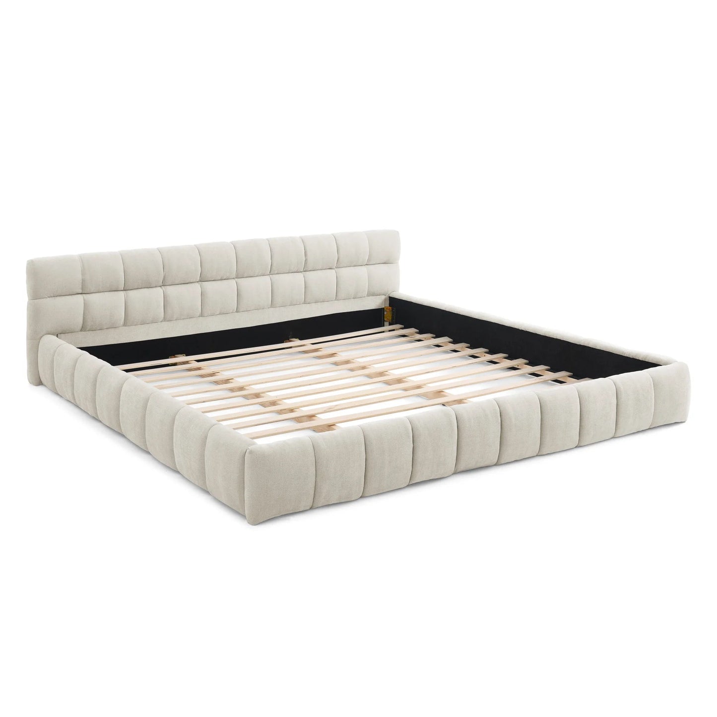 Modern Luxury King-Size Bed Frame Soft Chenille Fabric with Stylish Wooden Structure Up-Holstered Bedroom Furniture Good Vibrations
