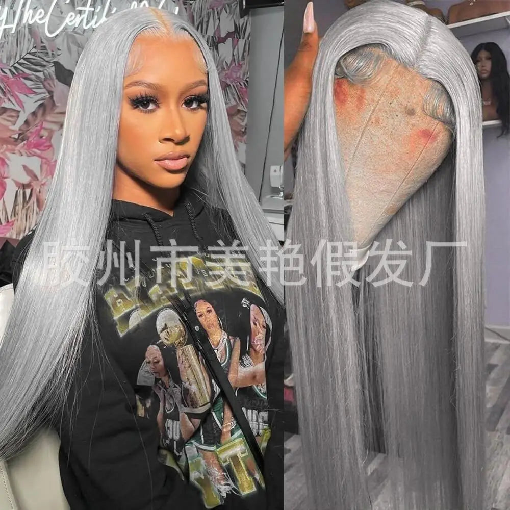 Qingdao Wig Factory Direct Sales Small Cap Size 13*4 Lace Wig Light Brown Lace Hot-Selling Long Straight Gray Chemical Fiber Wig Good Vibrations