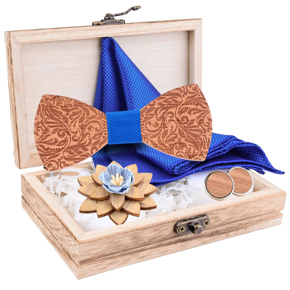 2020 Design Craved Floral Wooden Wood Bow Tit Set Navy Red Plaid Silk Pocket Square Cufflinks Broocn Bowtie Set For Mens Wedding