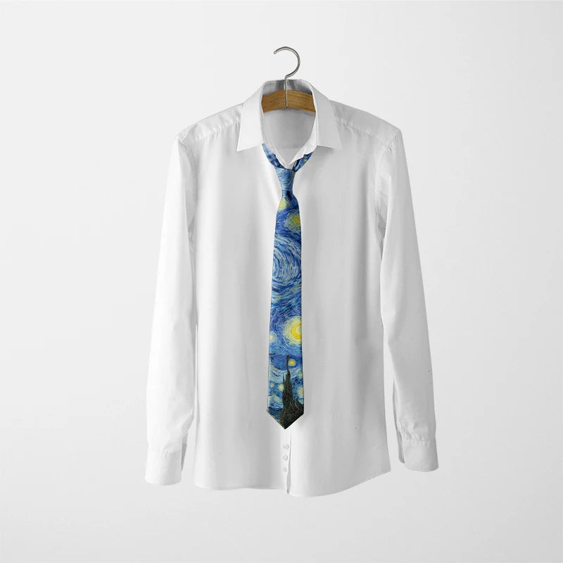 3D Printed 8cm Wide Men's Tie Van Gogh Oil Painting Starry Moon Night Fun Tie Casual Party Wedding Suit Dress Neck Tie For Men Good Vibrations