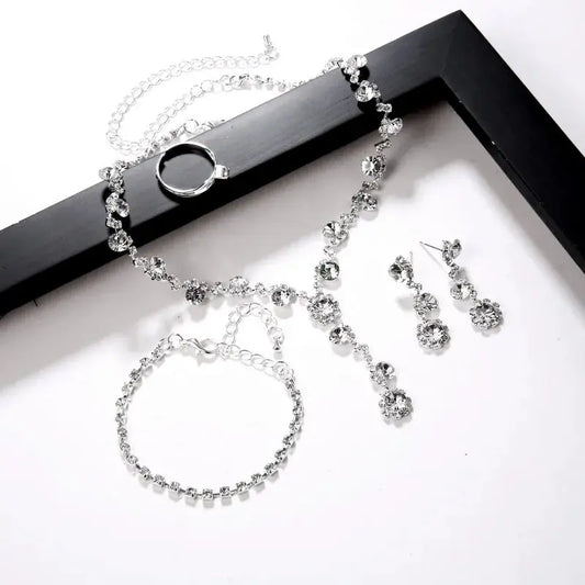 Women's Silver Color Fashion Wedding Jewelry Luxury Crystal Pearl Necklace/Bracelet/Ring/Earrings Ladies Jewelry Sets for Bridal Good Vibrations Adult Super Store