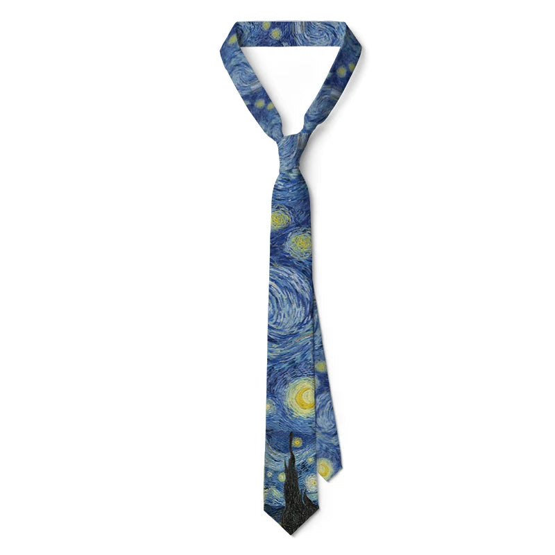 3D Printed 8cm Wide Men's Tie Van Gogh Oil Painting Starry Moon Night Fun Tie Casual Party Wedding Suit Dress Neck Tie For Men Good Vibrations