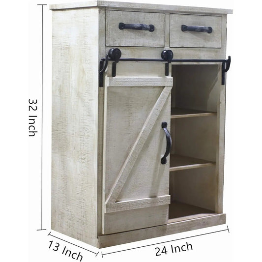 Paris Loft Rustic White Disstressed Wood Storage Cabinet with Sliding Barn Door, Vintage Farmhouse Wood Storage Console Cabinet Good Vibrations