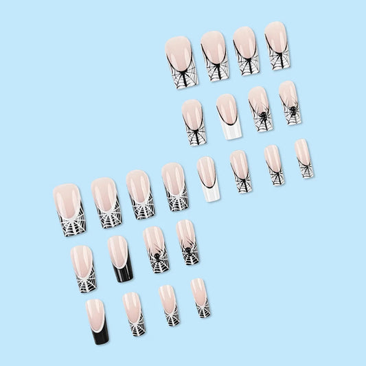 Cross-Border New Black White French Manicure Spider Web Diamond-Encrusted Halloween Wearable Artificial Fingernails Finished Good Vibrations