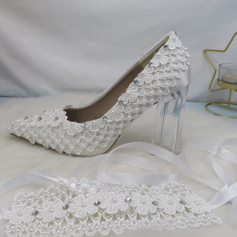 BaoYaFang New Arrival Thick Heel Pointed Toe Womens Wedding Shoes High Heels ladies fashion shoes woman White Lace ankle strap Good Vibrations