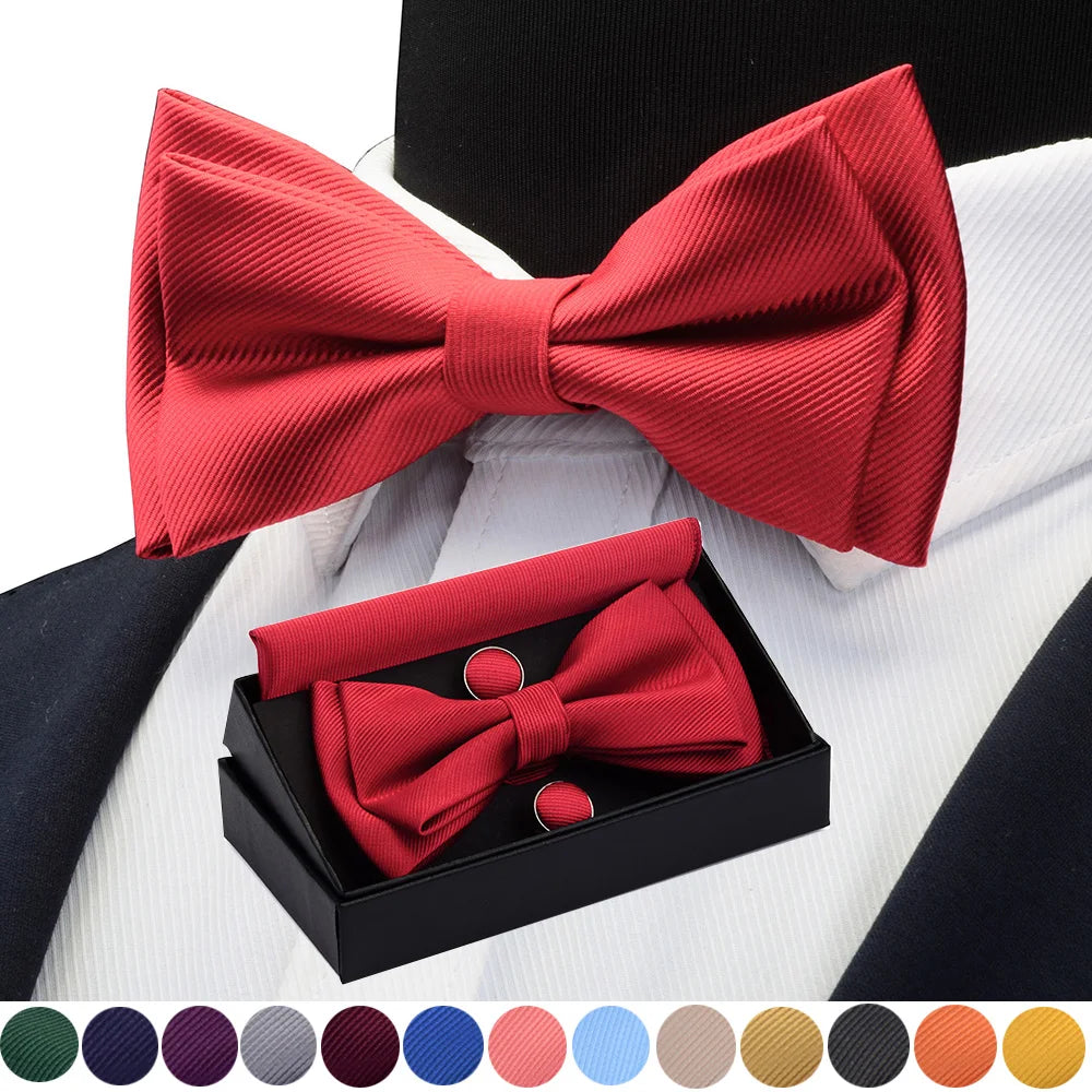 GUSLESON Quality Bowties For Wedding Mens Solid Color Two Layer Pre-tied Bow Tie and Pocket Square Cufflinks Set with Gift Box Good Vibrations
