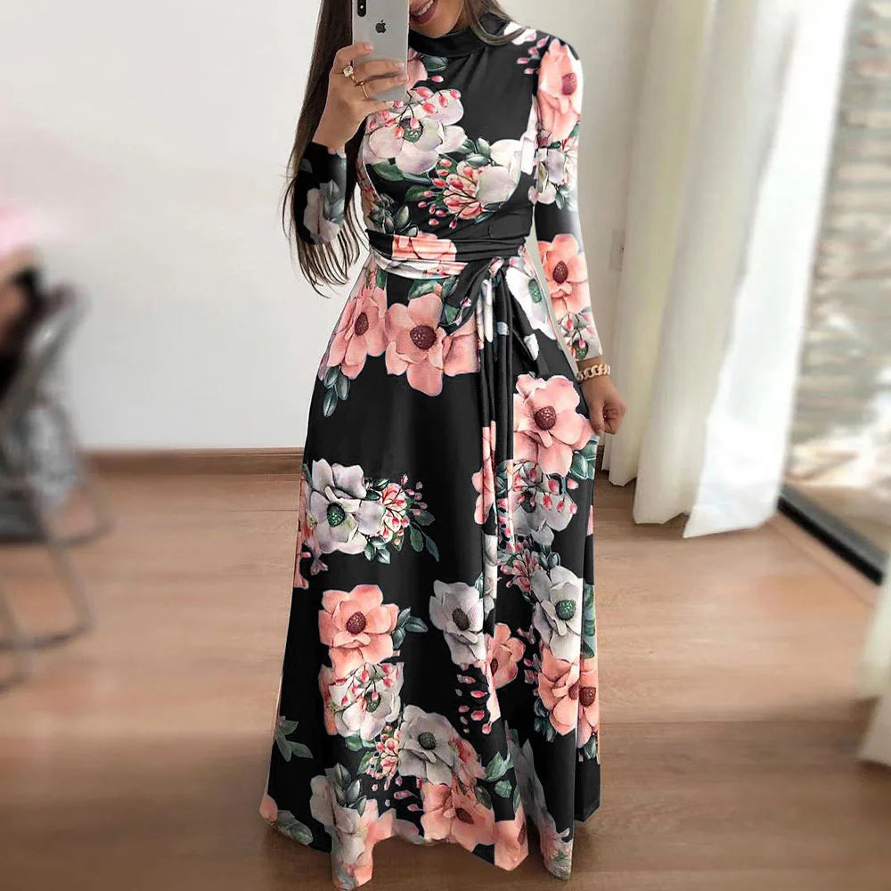 Women's Boho Floral Print Maxi Dress Elegant for Bandage Party Vestido with Long Sleeves for Summer Plain Dyed Casual Long Dress Good Vibrations