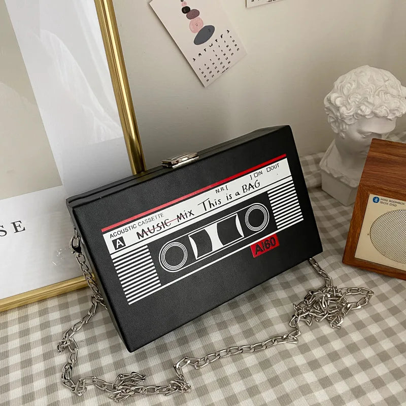 Women Shoulder Bag New Tape Recorder Women's Bags Cute Funny Cartoon PU Leather Chain Crossbody Bag Female Day Clutches Bag C172 Good Vibrations