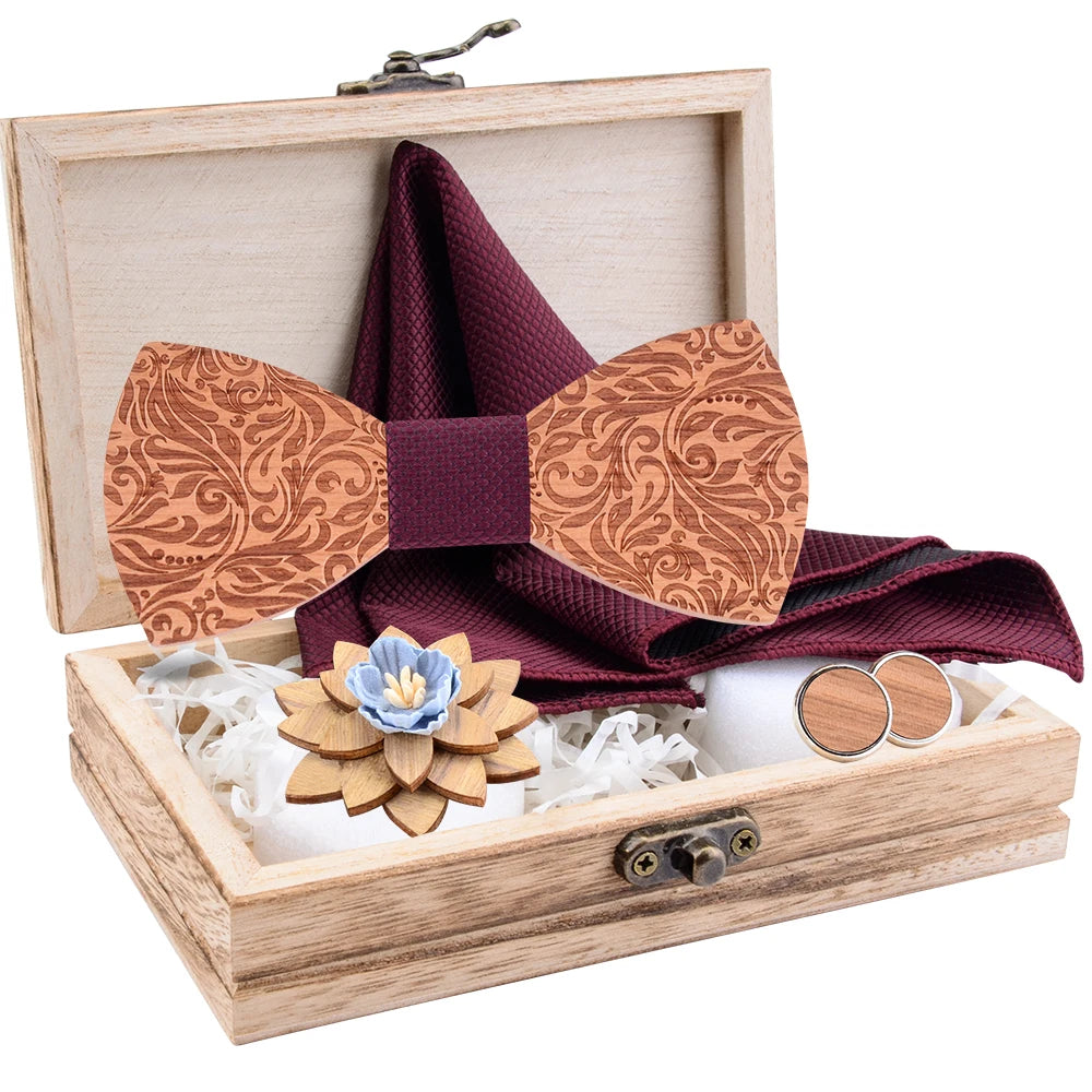 2020 Design Craved Floral Wooden Wood Bow Tit Set Navy Red Plaid Silk Pocket Square Cufflinks Broocn Bowtie Set For Mens Wedding