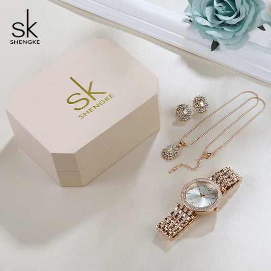 SHENGKE Octagonal Box Ladies Watch Set, Luxury Brand Exquisite Packaging Fashion Look Watch Necklace Earrings Three-in-one Set Good Vibrations