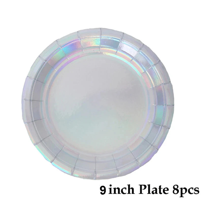 Rose Gold Disposable Tableware sets Paper Plates/cups/straws Iridescent Wedding Birthday Party Decor rainbow Dish Party Supplies Good Vibrations
