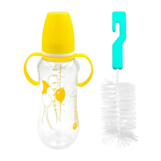 GDL Manual 250ml Plastic Baby Bottle with Plastic Bristle Brush Variety of Colors and Prints Water Flowing Through Nipple Good Vibrations