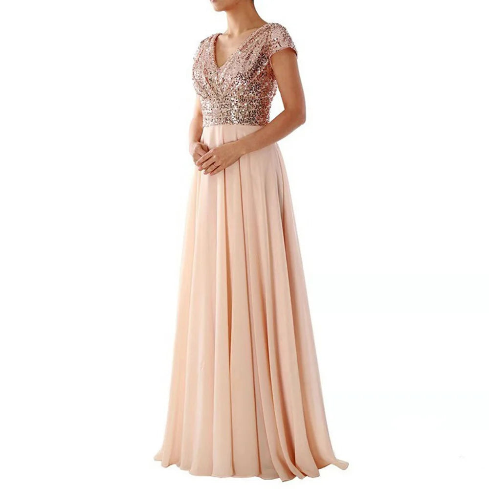 New Spring and Summer Women's V-neck Sequin Patchwork Elegant Formal Long Gown Evening Dresses 2024 Good Vibrations