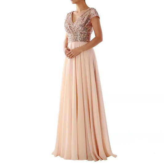 New Spring and Summer Women's V-neck Sequin Patchwork Elegant Formal Long Gown Evening Dresses 2024 Good Vibrations