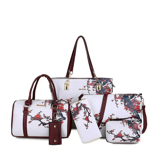 2025 Drop Shipping 6 Piece Set Women Handbags Floral Print PU Leather Composite Bag Clutch Set Large Shoulder Bag Purse Female Good Vibrations
