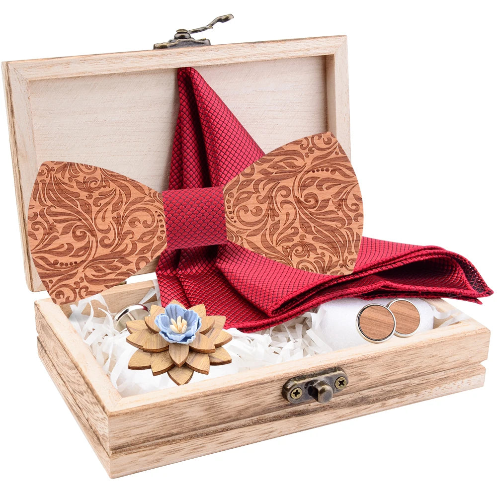 2020 Design Craved Floral Wooden Wood Bow Tit Set Navy Red Plaid Silk Pocket Square Cufflinks Broocn Bowtie Set For Mens Wedding