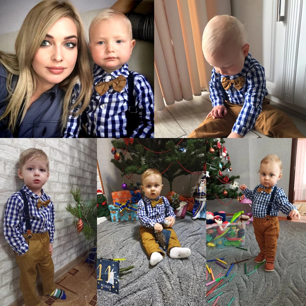 Top and Top Boys Clothing Sets Springs Autumn New Kids Boys Long Sleeve Plaid Bowtie Tops+Suspender Pants Casual Clothes Outfit Good Vibrations