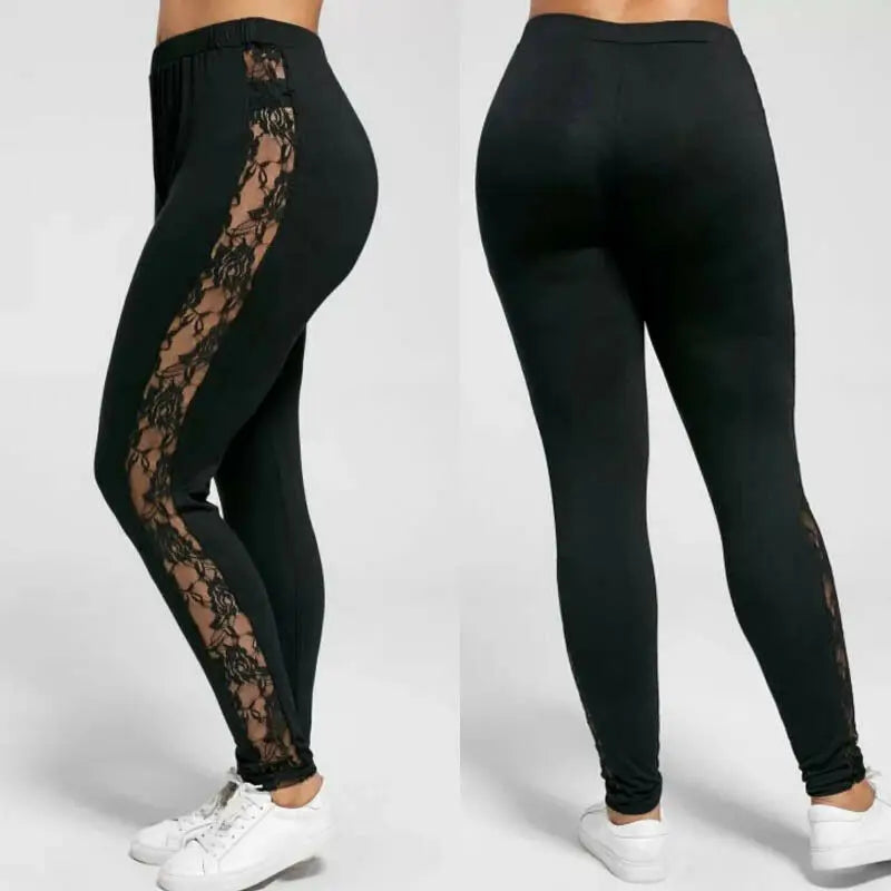 Womens Sexy Leggings Floral Lace Pants Side Sheer Black Leggings Slim Stretch Sexy Trousers Size L-3XL Good Vibrations