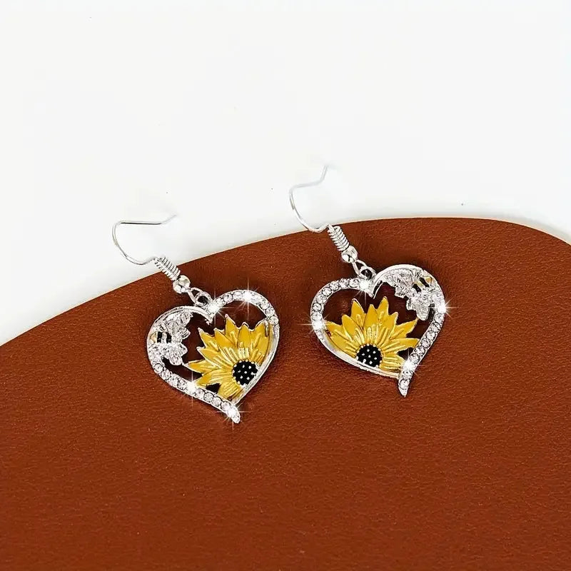FCJ Cute Lady Animal Bee Sunflower Heart Earrings Fashionable Sunflower Heart Design for Women Good Vibrations