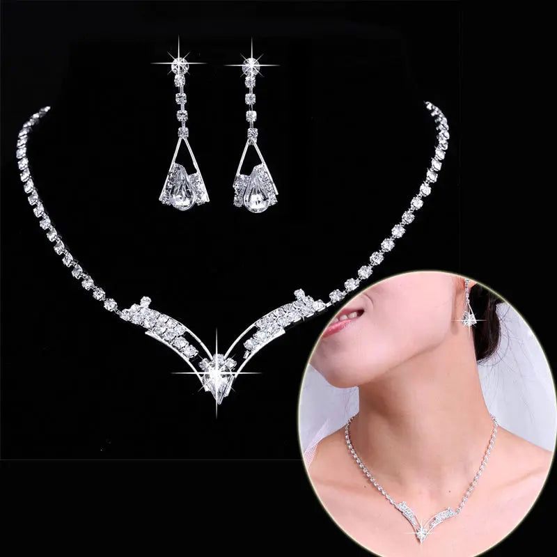 Women's Silver Color Fashion Wedding Jewelry Luxury Crystal Pearl Necklace/Bracelet/Ring/Earrings Ladies Jewelry Sets for Bridal