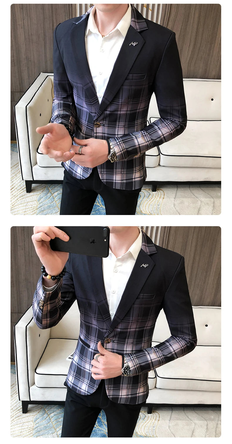 Blazer Men Boutique Fashion Plaid Men's Slim Casual Suit Jacket Male Ball Social Blazer Suit Coat Host Clothing Good Vibrations